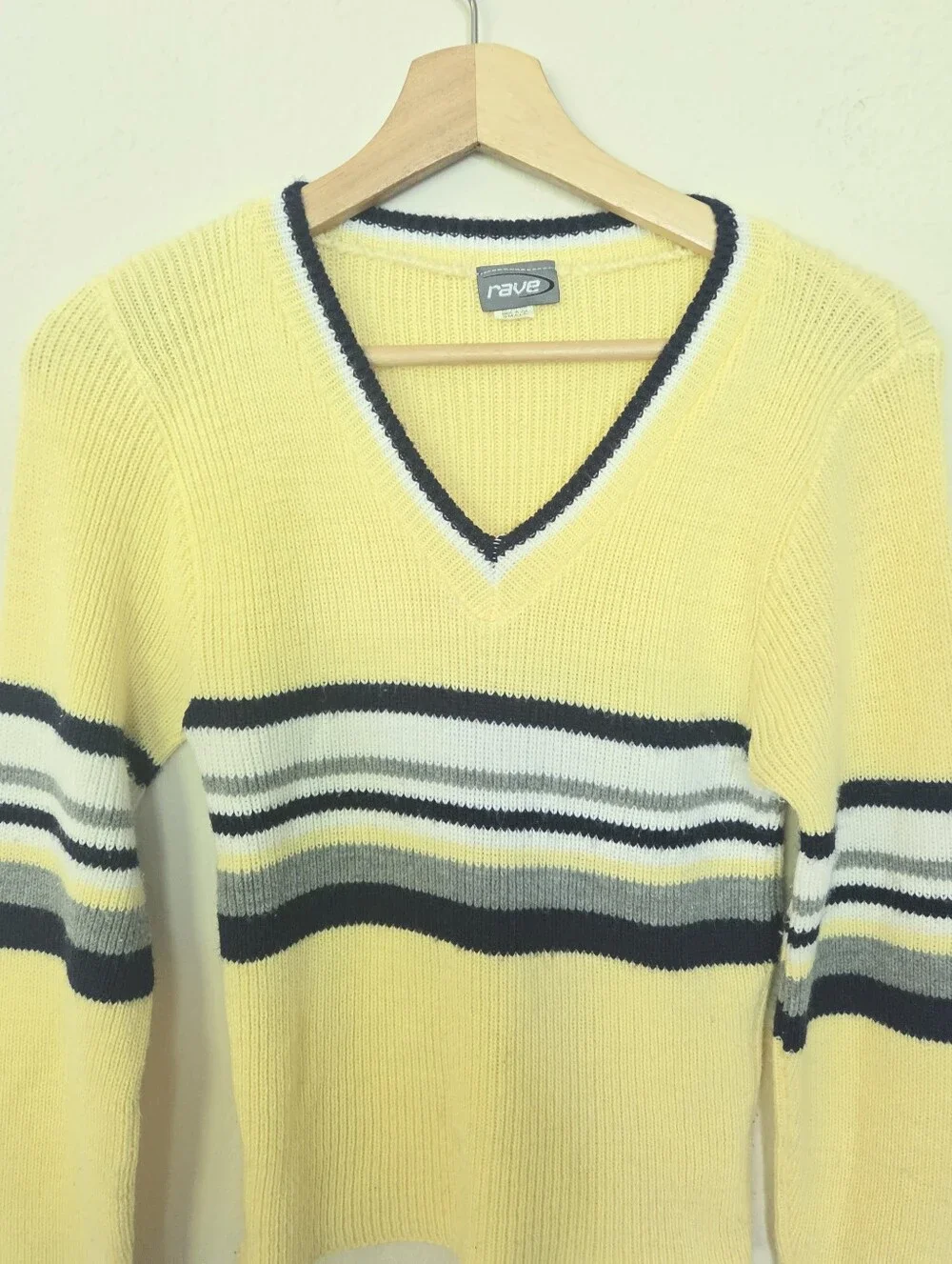 Y2K Rave Vintage Yellow VNeck  Stripe Knit LS Sweater